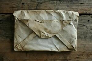 Vintage paper envelope on a rustic wooden background photo