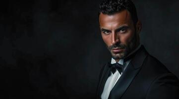 Handsome man in a tuxedo posing with a serious expression photo
