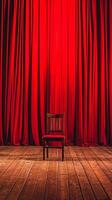 Empty chair on stage with red curtains backdrop photo