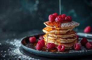 Delicious pancakes with fresh raspberries and maple syrup on a dark background photo
