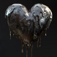 Glossy black heart with dripping texture on dark background photo