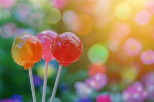 Colorful lollipops with a blurred garden background photo