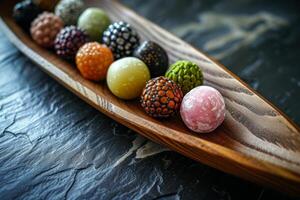 Assorted colorful candies on a wooden dish photo