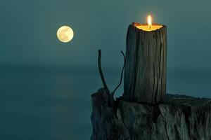 Candle on a Tree Stump with Full Moon in Background at Night photo