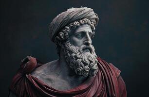 Classic marble statue of a philosopher with a thoughtful expression photo