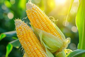Fresh corn cobs with sunflare in a field photo