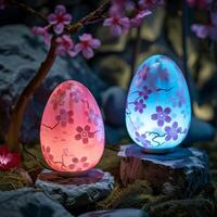 Illuminated Easter Eggs at Night with Floral Patterns photo