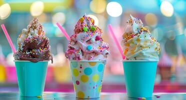 Colorful Soft Serve Ice Cream in Cups with Sprinkles photo