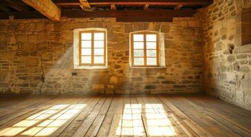 Sunlight streaming through windows in an empty rustic room photo