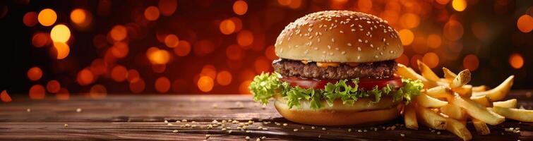 Delicious burger with fries on wooden table against a warm bokeh background photo