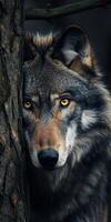 Intense wolf gaze from behind a tree photo