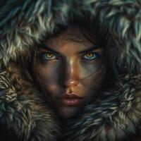 Mysterious Woman with Intense Gaze and Fur Hood photo