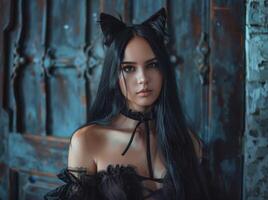 Mysterious Woman with Cat Ears Posing in a Dark Setting photo