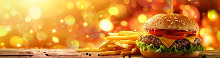 Delicious burger and fries on a wooden table with warm bokeh lights in the background photo