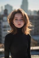 Young woman with a contemplative expression standing in an urban setting photo