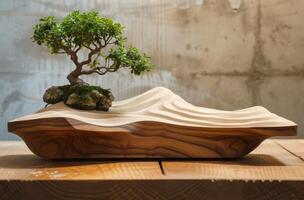 Bonsai tree on a wooden base with sand patterns photo