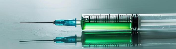 Syringe with green liquid on reflective surface photo