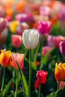 Single white tulip standing out in a colorful tulip field photo