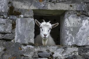 Curious Goat Peeking Through a Stone Window photo