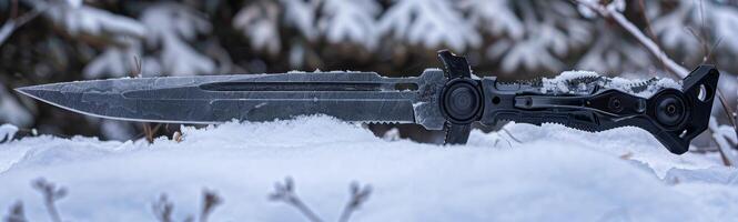 Tactical Knife Resting on Snowy Surface photo