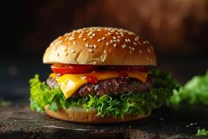 Juicy Cheeseburger with Fresh Lettuce on a Rustic Table photo