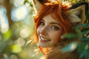 Smiling person with fox ears amidst green foliage photo