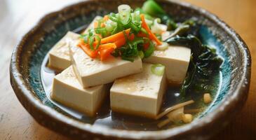 Fresh tofu dish with vegetables and seaweed garnish photo