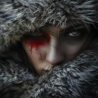 Mysterious person with intense gaze and face paint photo