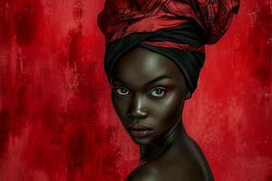 Portrait of a Woman with a Colorful Headwrap Against a Red Background photo