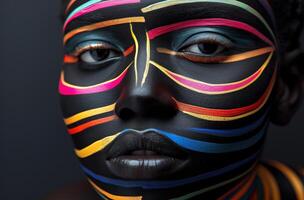 Portrait of a person with colorful face paint against a dark background photo