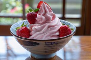 Delicious Strawberry Soft Serve Ice Cream in a Bowl photo