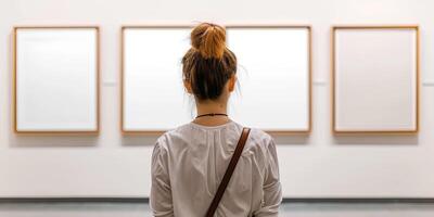 Visitor contemplating artwork in a gallery photo