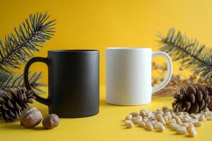 Black and white mugs with pine cones and nuts on a yellow background photo