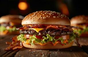 Delicious gourmet burger with bacon and cheese photo