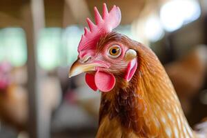 Close up of a chicken in a farm setting photo