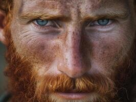 Close up Portrait of a Man with Intense Blue Eyes and Red Beard photo