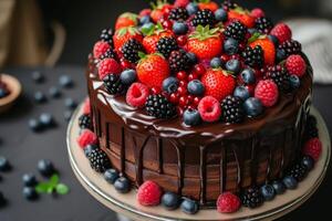 Decadent Chocolate Cake Adorned with Fresh Berries and Drizzled with Ganache photo