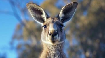 Close up of a Kangaroo Against a Blue Sky Background photo