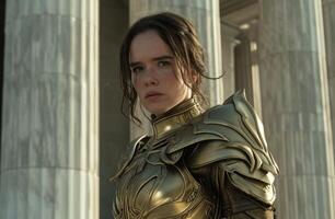 Determined warrior in ornate armor standing before a historical building photo
