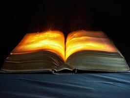 Magical Book with Glowing Pages on a Dark Background photo