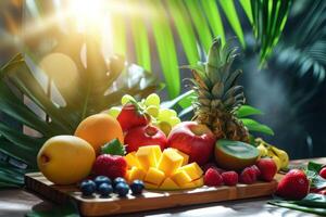 Assorted Fresh Fruits on a Table with Sunlight photo