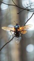 Robotic drone designed to resemble a large insect in a natural environment photo