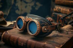 Vintage explorer goggles on a leather bound journal with old maps and books in the background photo