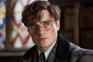 Thoughtful man with glasses in a library photo