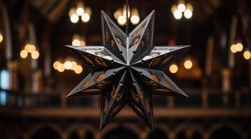 Intricate Star Ornament Hanging in a Warmly Lit Interior photo