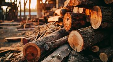 Stack of freshly cut timber logs at sunset photo
