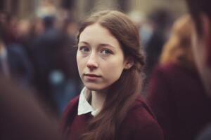 Young woman standing out from the crowd photo