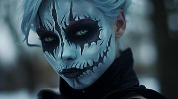 Person with artistic skull makeup in a winter setting photo