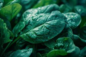 Fresh dew drops on vibrant green leaves photo