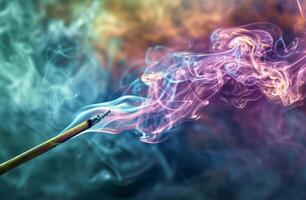 Colorful smoke rising from a smoldering matchstick photo